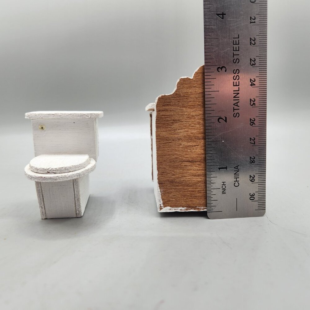 Miniature Wooden Dollhouse Furniture Bathroom Sink Toilet White - Picture 3 of 3